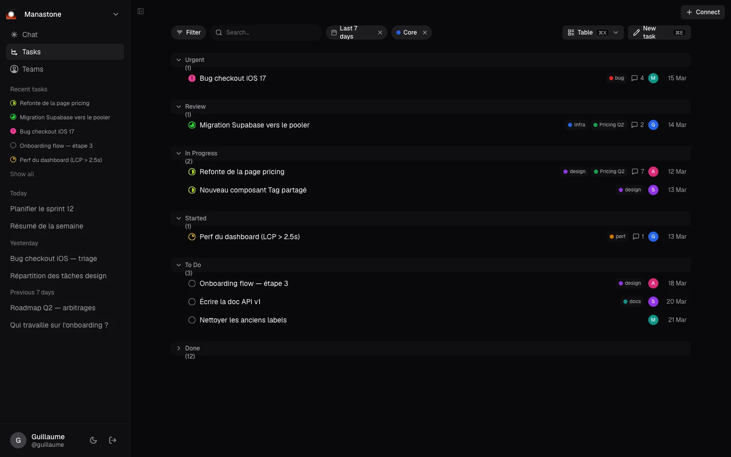 The Manastone workspace — chats and recent tasks in the sidebar, the task list grouped by status